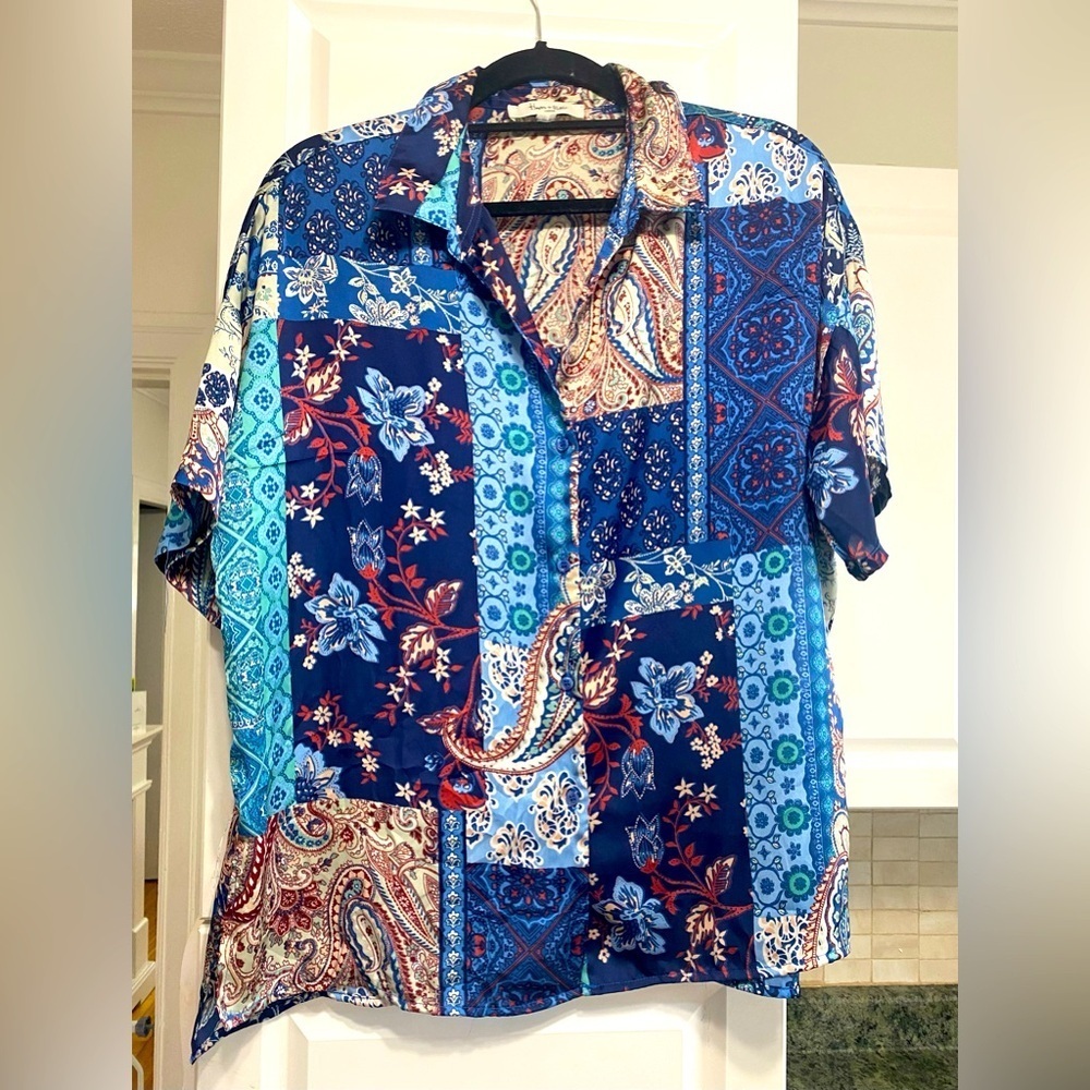 Silk Patchwork Blue Button Up Blouse